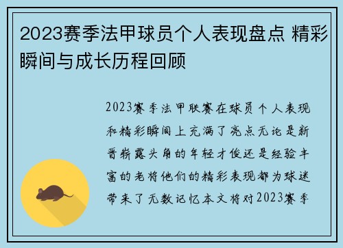 2023赛季法甲球员个人表现盘点 精彩瞬间与成长历程回顾